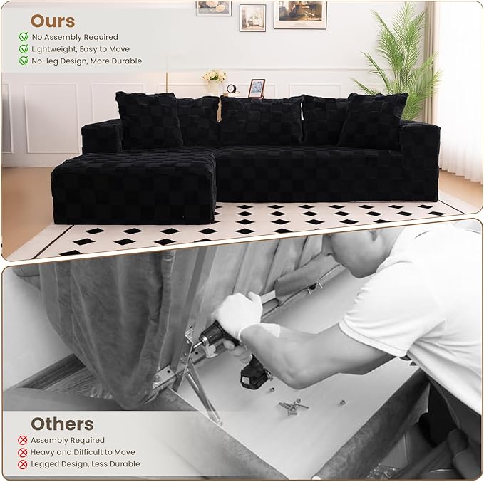 Modular Sectional Sofa 108 L-Shaped Boneless Couch with Deep Seat Corduroy Cloud Couch for Living Room Bedroom No Assembly Required Ship in a Box Checkered Black