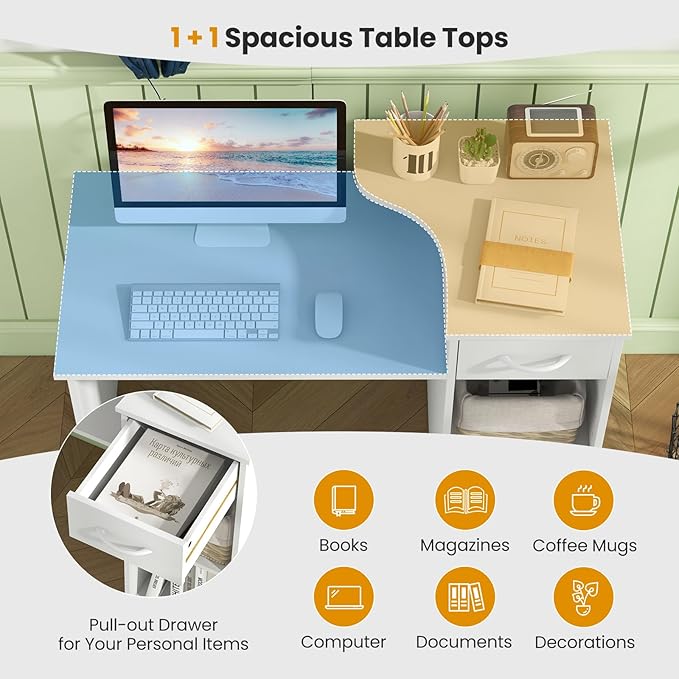 Giantex Computer Desk with Storage Modern PC Laptop Table with 5-Position Adjustable Shelf Drawer &amp Cable Hole Compact Study Writing Desk Workstation for Small Spaces Home Office White