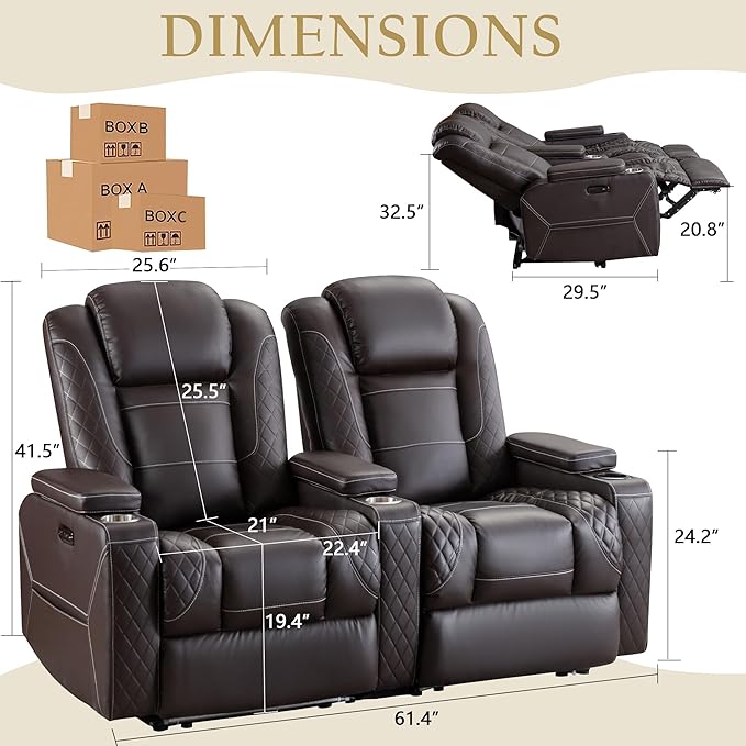 TUNYI Home Theater Recliner Chair - Power Recliner Sofa Chair with Adjustable Headrest Faux Leather Reclining Chair with USB/Storage/LED Light/Cup Holder (Brown 2 Seat)