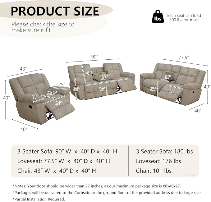 Fabric Recliner Sofa Chair Manual Reclining Chair Comfy Upholstered Single Recliner Couch with Padded Armrest Modern Corduroy Living Room Furniture for Home/Office (Beige 1 Seat)