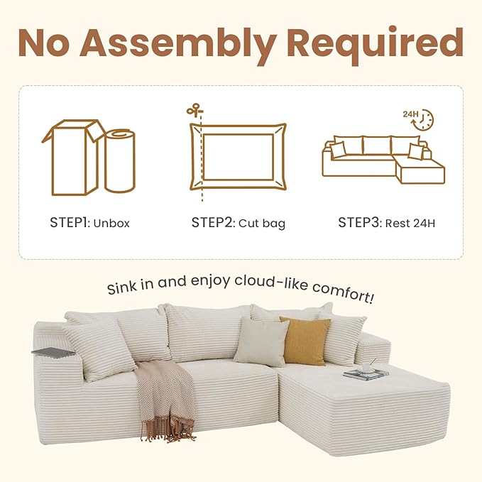 OC Orange-Casual 106.3 Cloud Sectional Couch with L-Shape Chaise No Assembly Required Modular Sofa Upholstered Boneless Couches for Living Room Plush Corduroy Fabric (White Right Facing Chaise)