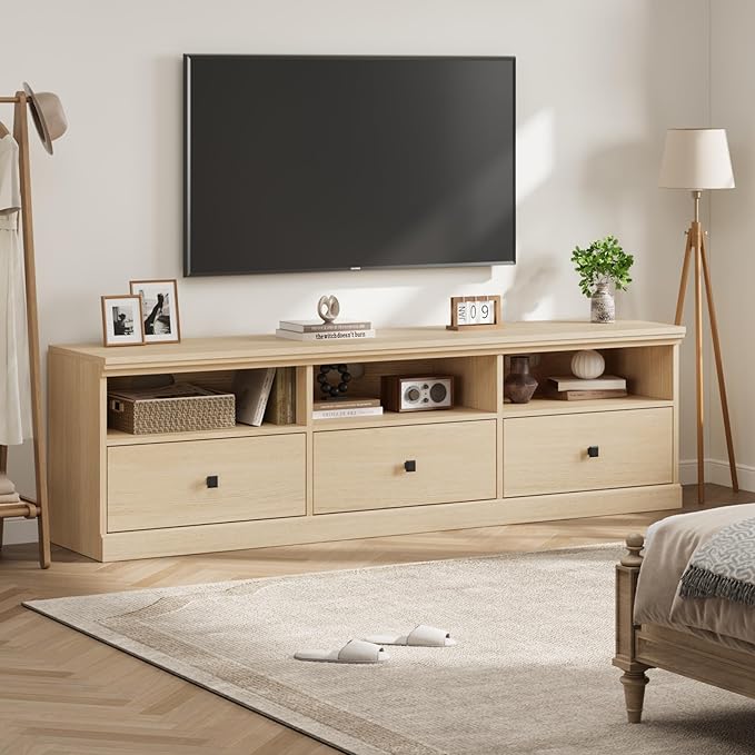 IDEALHOUSE 70in TV Stand for TVs up to 80 Mid Century Modern Entertainment Center with Storage Drawer and Open Shelves TV Console Media Cabinet for Living Room Bedroom Light Oak
