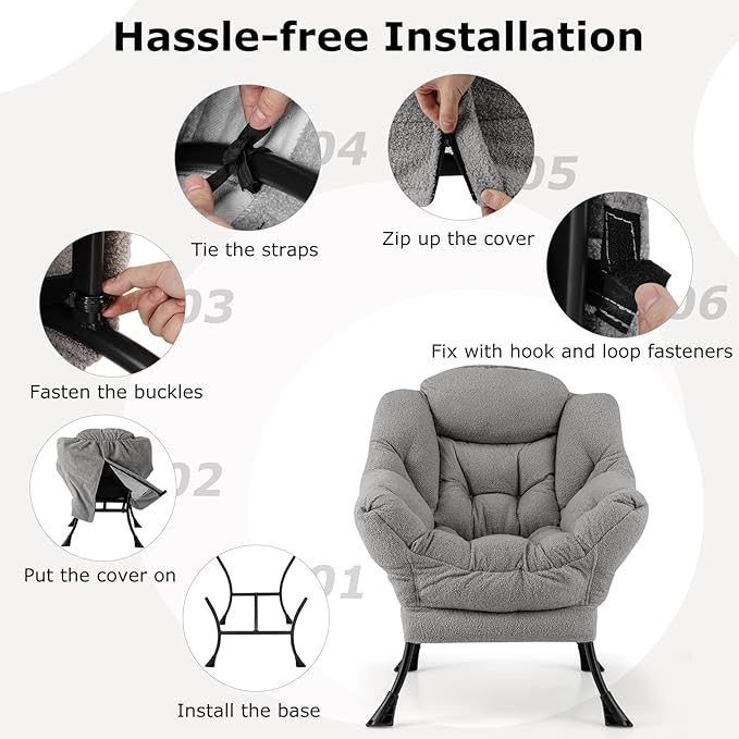 Giantex Lazy Chair Modern Sherpa Accent Chair w/Steel Frame Upholstered Single Sofa Chair w/Armrests &amp Side Pocket Leisure Reading Lounge Chair for Living Room Bedroom Office Dorm (Gray)