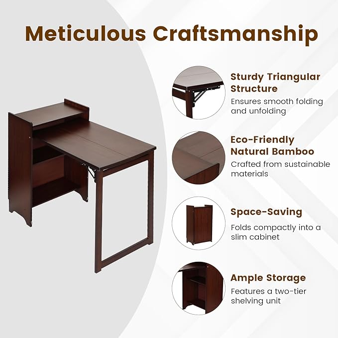Bamboo Folding Desk with Storage Mid Century Fold Out Table Space Saving Foldable Desk for Small Spaces Multi-Functional Computer Desk for Home Office Bedroom Apartment &amp Dorm