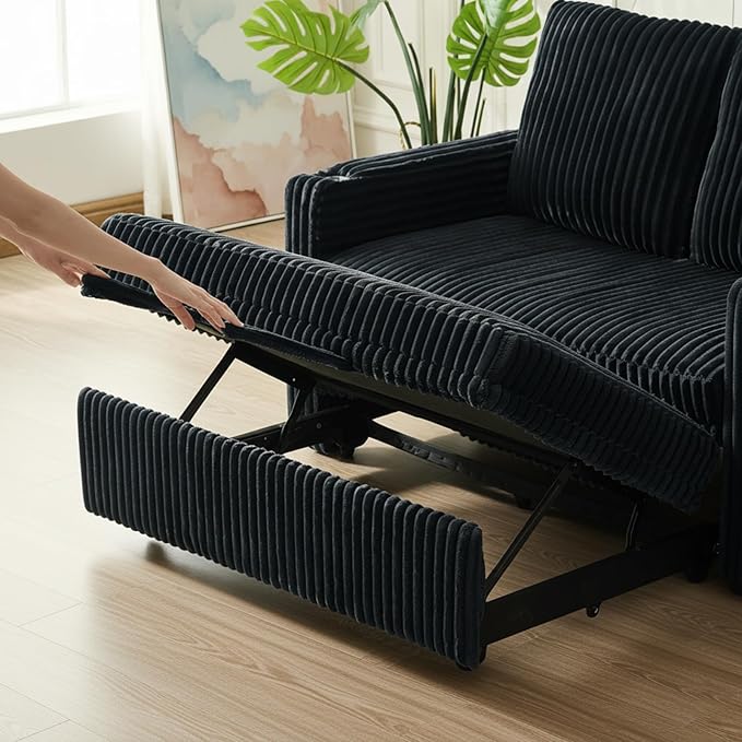 53 Corduroy Convertible Sleeper Sofa Bed with USB Port &amp Side Storage Pocket 3-in-1 Pull Out Loveseat Couch Bed with Adjustable Backrest Small Sofa for Living Room Apartment Guest Room Black