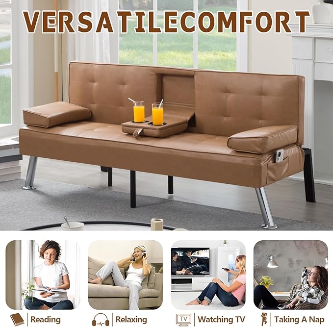 Anwick Convertible Folding Futon Sofa BedModern PU Leather Sleeper Love Seat with 3 Reclining Backrest &amp Cup Holders67 Comfy Sofa Couches for Living Room Small Home Office (Brown)
