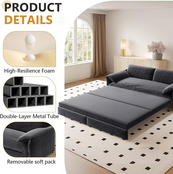 66 Queen Size Sofa Bed 3 in 1 Convertible Pull Out Sleeper Sofa with Thicked Cushions and Side Storage Velvet Loveseat Couch for Home Living Room Bedroom Apartment Lounge Small Spaces Grey