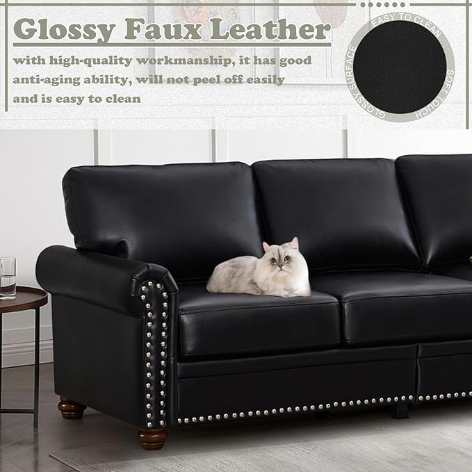 Antetek 2-Piece Comfy Upholstered PU Leather Sofa Couch Set Mid-Century Modern Loveseat Sofa+3 Seater Couch with Storage Space for Living Room Furniture Set Black