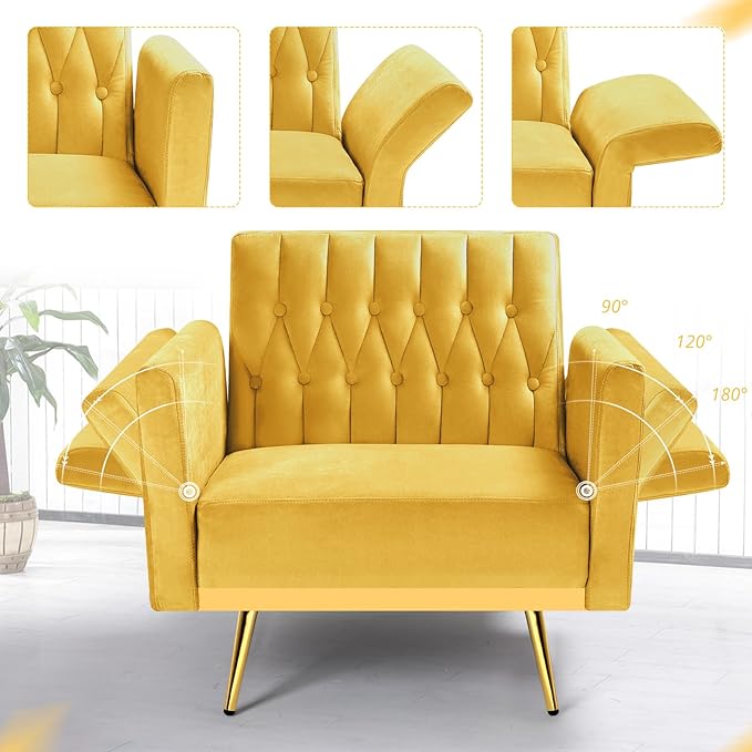 Velvet Accent Chair w/Adjustable Armrests and Backrest Button Tufted Lounge Chair Single Recliner Armchair with Ottoman and Pillow for Living Room BedroomYellow