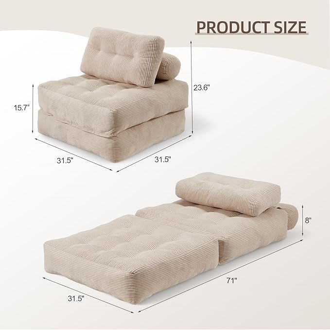 MELLCOM Foldable Sofa Bed - Adjustable Convertible Chair Tufted Sleeper Couch Portable Folding Lounge Sofa Foam-Filled Pull-Out SofaBed for Living Room Bedroom Cream White