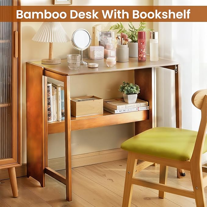 41 Bamboo Folding Desk with Bookshelf Folding Bamboo Desk for Small Spaces Computer Table Space Saving Wooden Desks for Home Bedroom Study Office Bamboos Writing Desks Brown