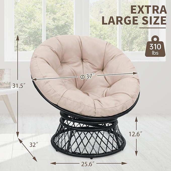 40 Ergonomic Wicker Papasan Chair 360° Swivel Indoor Outdoor Rattan Chair with Soft Thick Cushion Ideal for Living Room Bedroom Reading Room Black Frame with Beige Cushion