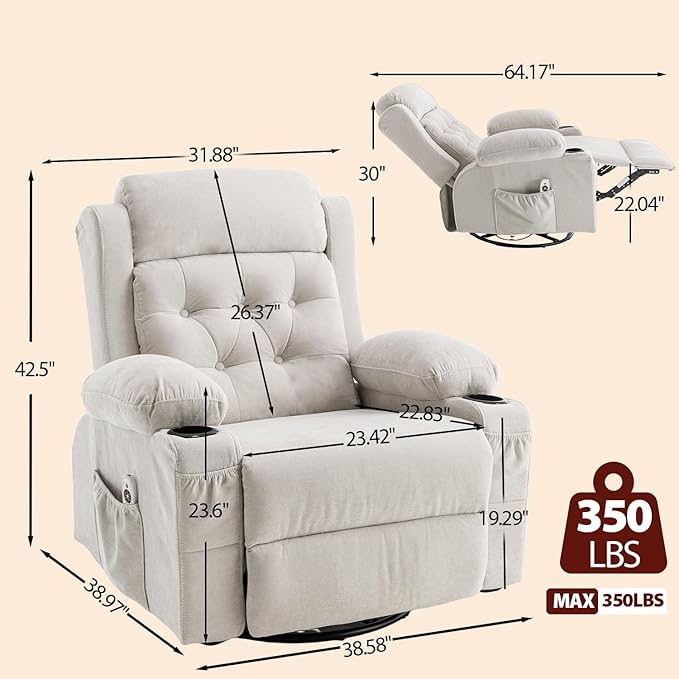 Rocker Swivel Recliner Chair with Massage and Heat Rocking Nursery Recliners Overstuffed Lounge Chair for Living Room Manual Recliner Mid Century Sofa Chairs with Cup Holders White