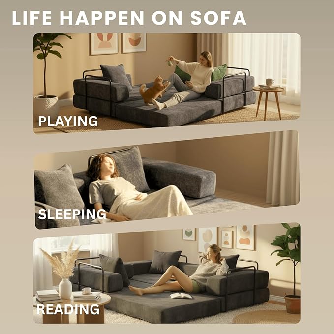 4-in-1 Folding Convertible Sofa Bed 77 Floor Couch with Pillow - Chenille Fabric &amp High-Density Sponge &amp Fixed-Shape Frame Modular Sofa for Living Room/Lounge/Studio Dark Grey