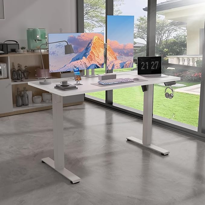48 x 24 Electric Standing Desk Adjustable Height Sit Stand Desk with 3 Preset Heights &amp 2 Hook Electric Desk for Home Office Gaming White