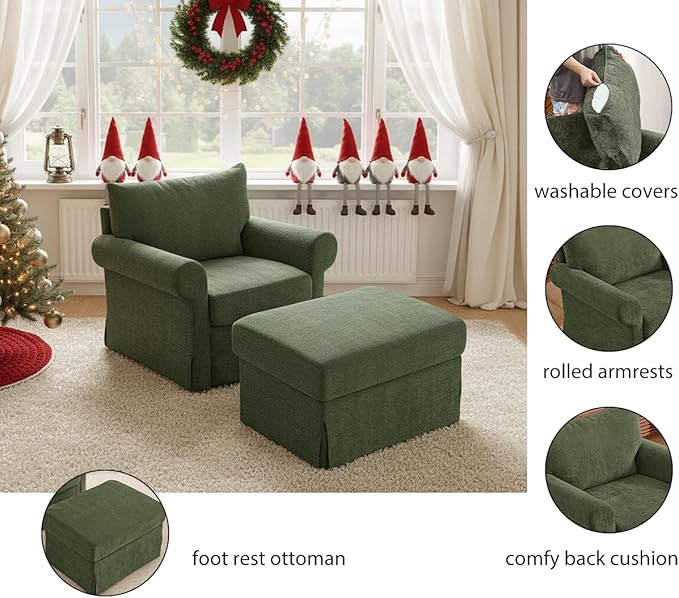 35.8 Accent Chair with Ottoman Set Comfy Chenille Upholstered Armchair with Rolled Arms Modern Single Reading Chair for Living Room Bedroom Apartment Green