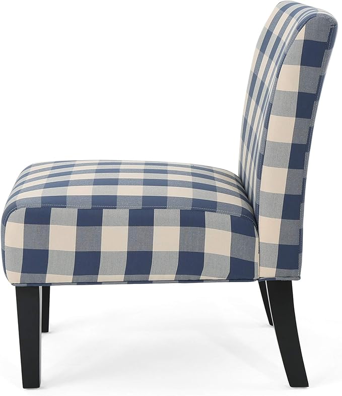 Christopher Knight Home Kendal Accent Chair Upholstered Farmhouse-Style Blue Checkerboard Matte Black Rubberwood Legs 29.2D x 22.5W x 32H in