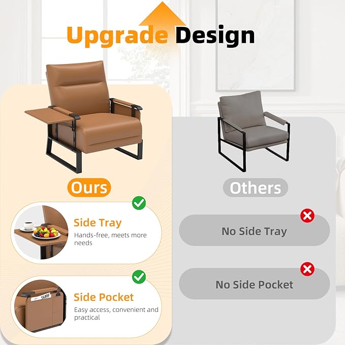 Accent Chair Set of 2 Living Room ChairsReading Chair Sofa Couch with Flip Up Tray Table Side Pockets for Apartment Bedroom and Small Spaces (1-Seater+1-Seater)