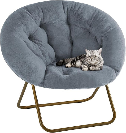 DUMOS Comfy Saucer ChairFaux Fur Lounge Seasting XL Circle Chair for Bedroom Dorm &amp Gaming Foldable FAccent Seat for Small Spaces Folding Moon/Mushroom/Round Oversized Style Modern Grey