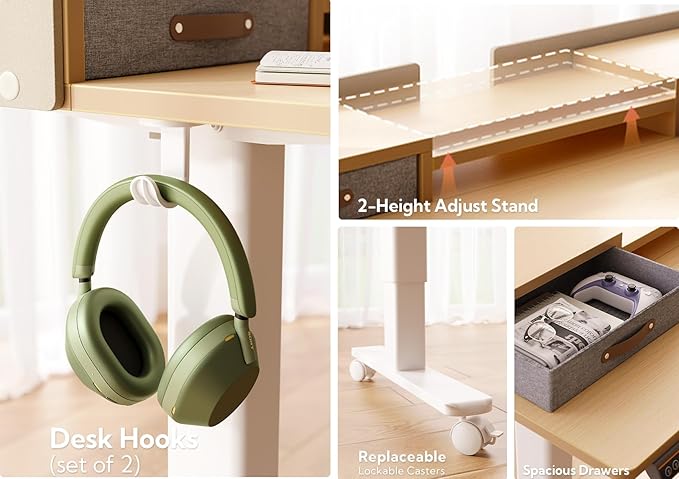 Claiks Standing Desk with Drawers Stand Up Electric Standing Desk Adjustable Height Sit Stand Desk with Storage Shelf and Splice Board 55 Inch Natural