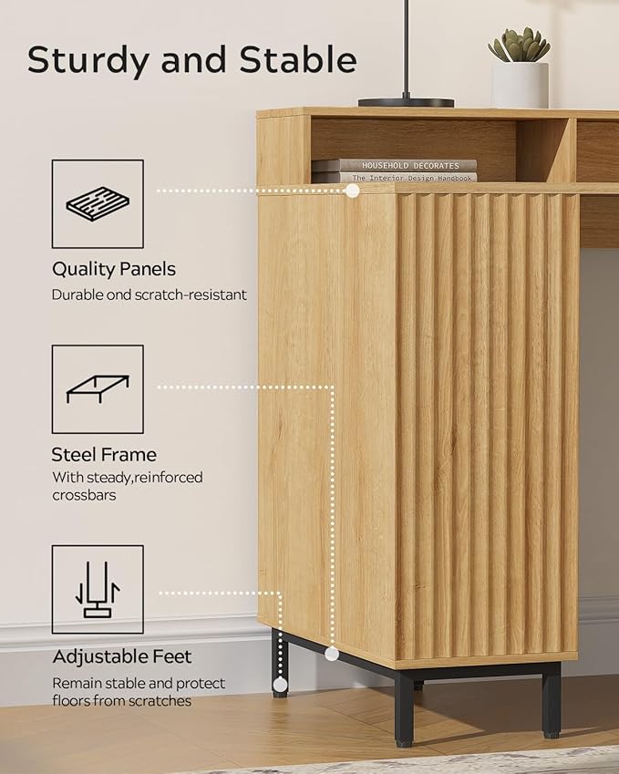 Fluted Executive Desk with Charging Station 55 Modern Wood Office Desk with Monitor Stand &amp File Drawer Home Writing Study Computer Table for Work Study Natural Oak