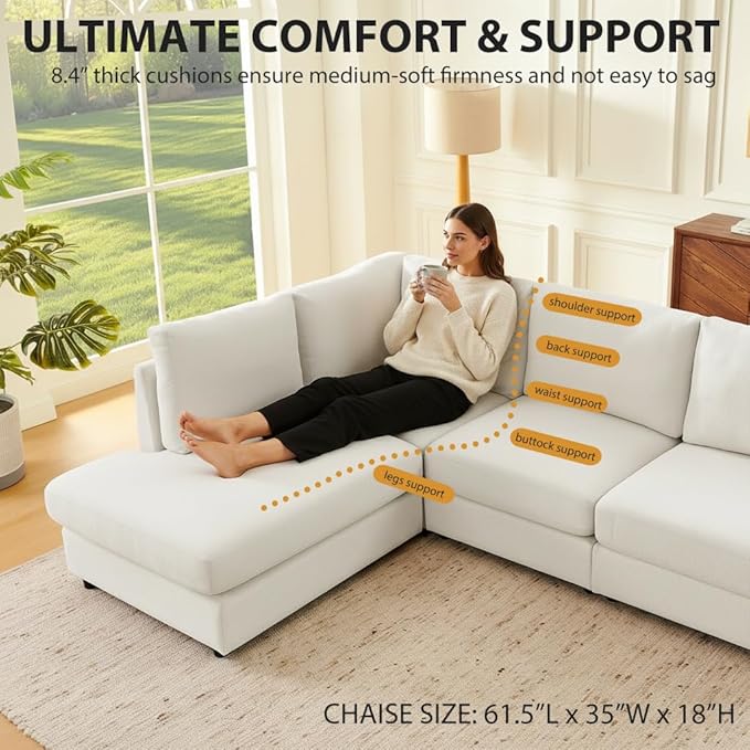 100” L-Shaped Couch with Reversible Chaise Chenille Modular Sectional Sofa 4-Seater Corner Couch for Living Room Apartment Beige