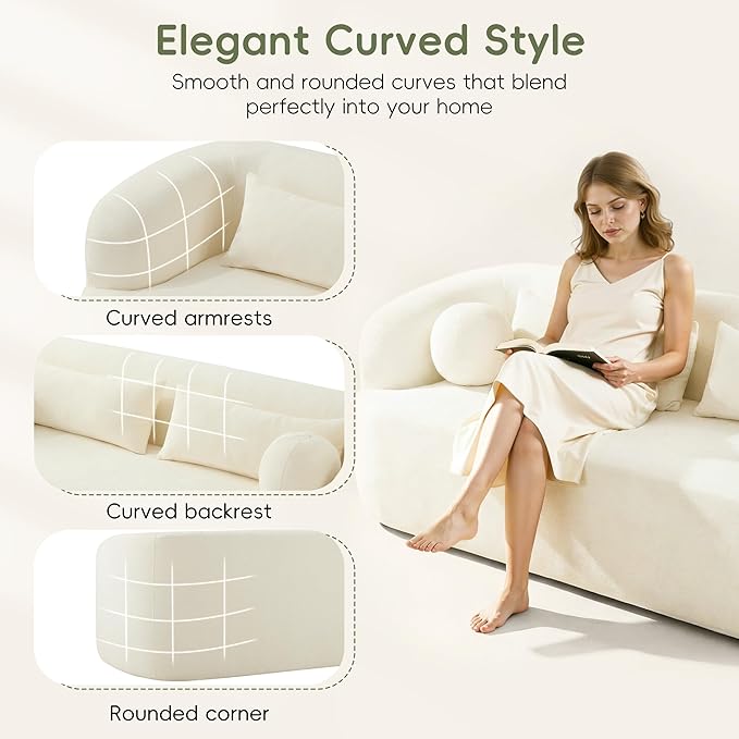 86 Curved Cloud Couch Curved SofaBoneless Couch Upholstered Sofa with Pillows No Assembly with High-Density Foam 3-Seater Luxury Modern Compressed Sofa Beige