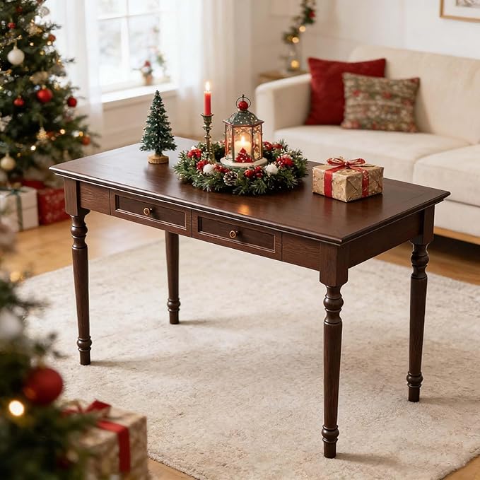 47” Walnut Solid Wood Writing Desk with Drawers Farmhouse Computer Desk with File Storage Ideal for Home Office Bedroom or Study Room