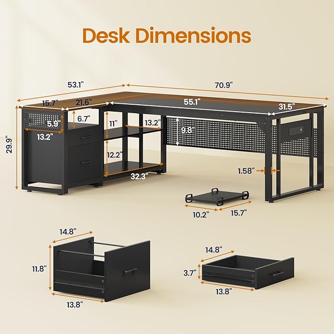 71 in Executive Desk with Power Outlets Reversible L Shaped Computer Desk with File Drawers &amp Storage Shelves Large Office Desk with Pegboard Mobile CPU Stand Modern Corner Desk (Walnut)