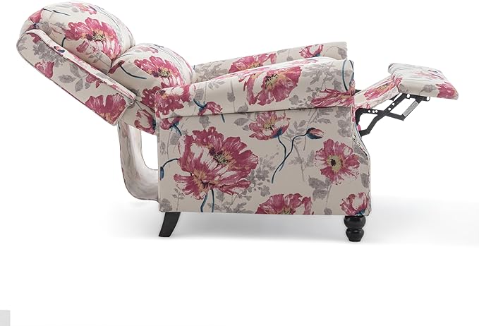 Pushback Recliner Chair Upholstered Armchair Wingback Recliner Chair Floral Fabric Push Back Recliner with Wood Legs Rivet Trim Single Sofa Accent Chair for Living Room Bedroom Pattern White