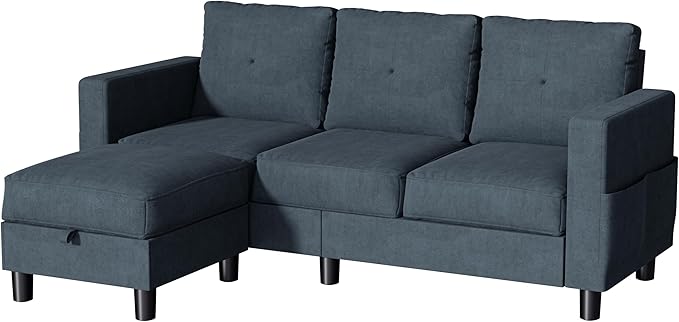 JY QAQA Convertible Sectional Sofa Couch with 3-Seat Sofa L-Shaped Ottoman Couch with Modern Linen Fabric for Small Living Room Apartment and Small Space (Dark Gray)