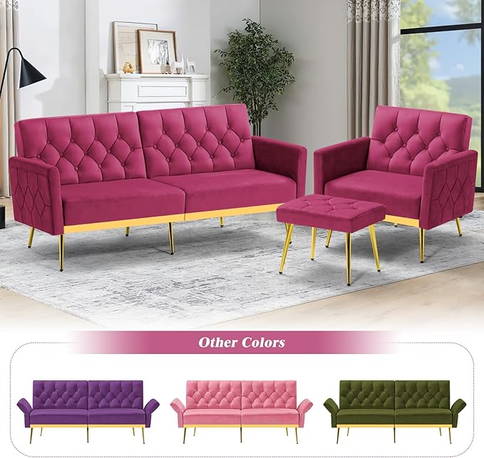 Velvet Sofa Bed w/Adjustable Armrests and Backrests Modern Convertible Sleeper Sofa Tufted Futon Sofa for Bedroom Living Room Apartment Fuchsia