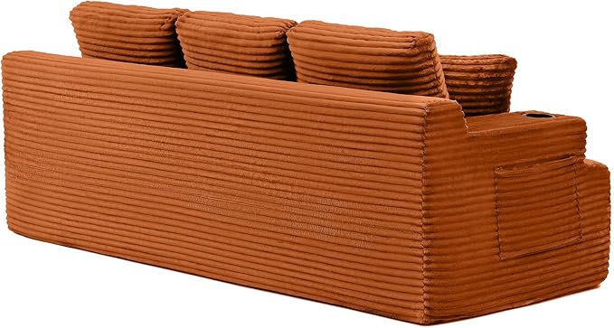 Eafurn Floor Loveseat Boneless Sofa Couch in a Box with Cup Holder and Side Pockets 3 Seater Comfy Corduroy Upholstered Foam Couch with Deep Seating for Living RoomNo Assembly | Breathable material