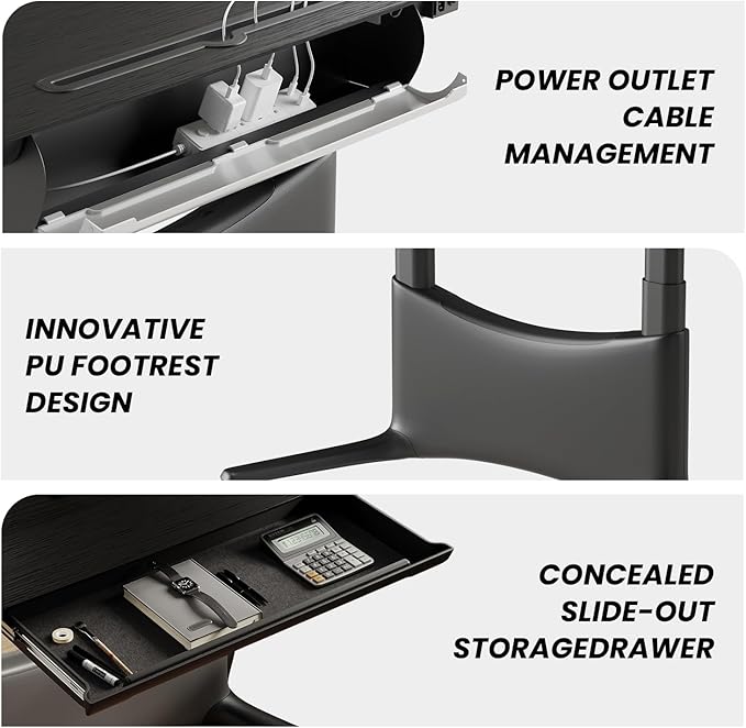COLAMY Electric Adjustable Standing Desk – 48 x 28 Inch Sit Stand Desk with Drawer &amp Cable Management Dual Motor Lift System Ergonomic Footrest Home Office Table (Veneer Desktop Black Oak + Bl