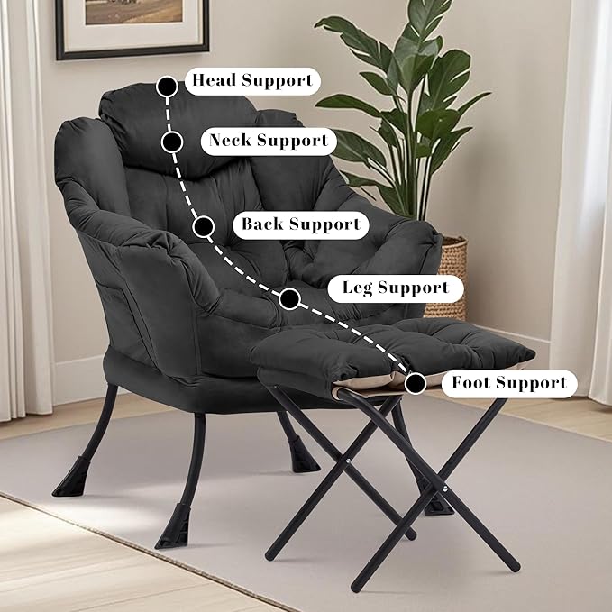 Lazy Chair with Ottoman Comfy Accent Lounge Chair with Side Pocket Modern Reading Armchair with Footrest Upholstered Sofa Chair for Small Spaces Bedroom Living Room Dorm Black