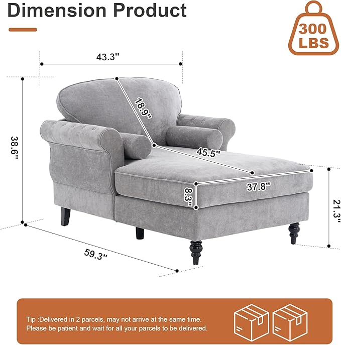 59.3 D Chaise Lounge Chair IndoorModern Chenille Upholstered Recliner Sofa with 2 Rolled PillowsComfy Sleeper Chair Bed for Living Room Bedroom Office(Light Grey 1 Seat)