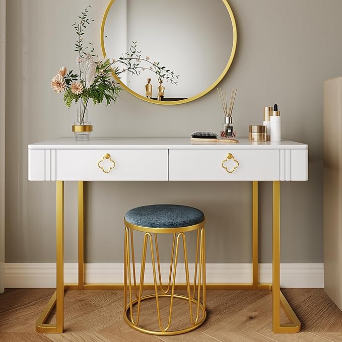 White Vanity Desk with 2 Drawers Gold and White DeskHome Office Desk Modern Makeup Vanity Table Entryway Console Table Sofa Table (Deluxe Leg)