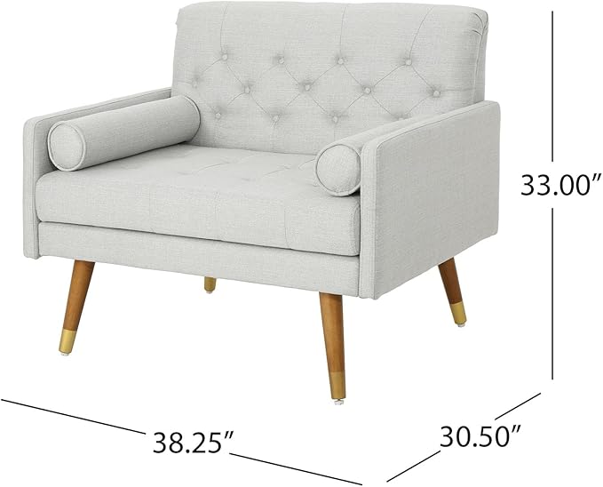 38 Comfy Chair and A Half with Button Tufted Backrest Round Armrest Pillows Mid Century Modern Oversized Accent Chair with Wood Legs for Living Room Bedroom or Small Spaces (Light Grey)