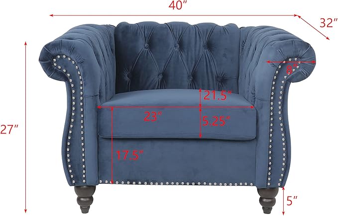 LEVNARY Velvet Chesterfield Chair Mid-Century Modern Single Sofa Chair with Button Tufted Backrest and Nailhead Decor Tufted Upholstered Rolled Armchair for Home Bedroom Reading Room (Blue)