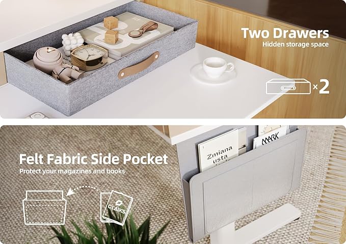 Claiks Standing Desk with Drawers &amp Power Outlet 48 Height Adjustable Computer Desk with USB C Port Sit Stand Home Office Desk with Monitor Stand Storage Shelves &amp Side Bag White