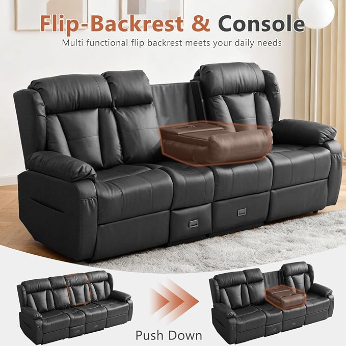 AHMED 3-Seat Manual Reclining Sofa Faux Leather Recliner Couch with Flip-Down Console Home Theater Seating with Cup Holders USB Ports &amp AC Outlet Storage Drawer for Living Room/RV Black
