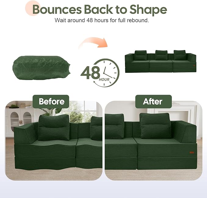 COMAX Futon Sofa Bed 3 Seater 106 Convertible Sofa Bed Couches for Living Room 4 in 1 Folding Boneless Sleeper Corduroy Couch Foam in a Box Comfy Foldable Lounge Fold Out Floor Mattress Green