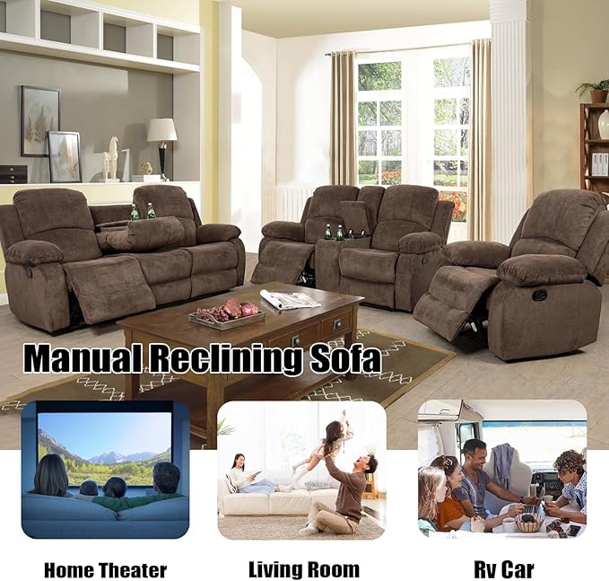 Manual Recliner Loveseat Sofa Reclining Couch with Cup Holders2 Seats Loveseat with Storage Console for Living Room/Office/Lounge/Club/Rv Car（Brown Velvet2 Seater Loveseat）