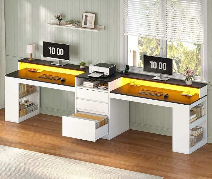 96.6 Long Computer Desk 2 Person Desk with LED Lights &amp Power Outlet Modern Two Person Gaming Desk with File Drawers Monitor Stand Printer Shelf ＆ Storage Double Table for Home Office White