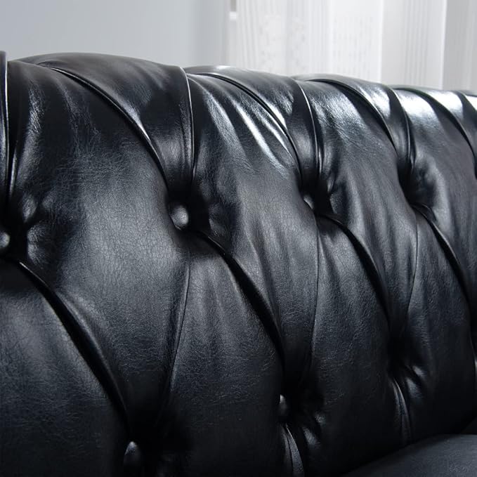 84 Chesterfield Couch PU Leather Modern Rolled Arm Tufted Back 3 Seater Sofa Upholstery Nailhead Trim Couches for Living Room Office (Black)