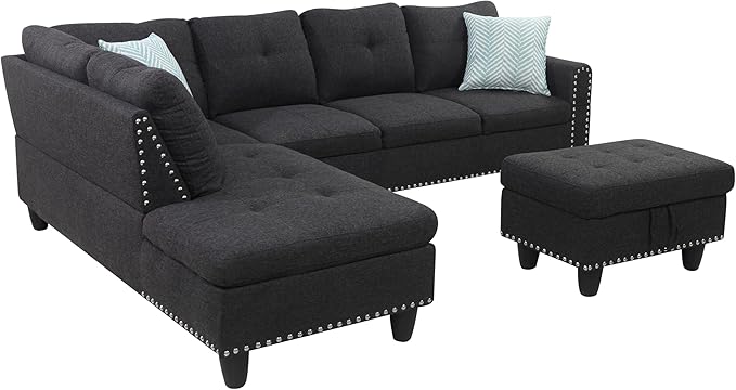Yehha L-Shaped Sectional Sofa Rivet Hemming Upholstered Modular Couch with Reversible Cup Holder &amp Storage Ottoman Comfy Couches for Living Room Apartment Dark Grey