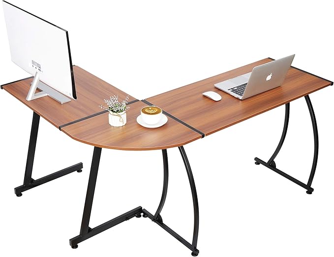 ZenStyle 55 L-Shaped Corner Computer Desk - Sturdy Steel Frame &amp Waterproof Surface Walnut Wood Grain Design for Home Office Gaming &amp Multipurpose Workstation