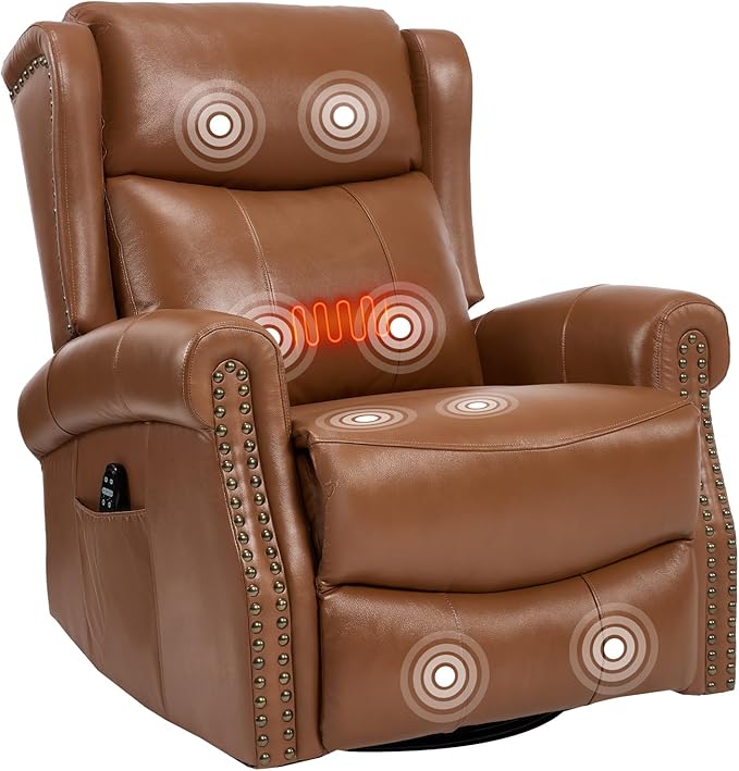 PELUMY Genuine Leather Swivel Rocking Recliner Chair for Adults 360° Swivel Glider Rocker with Heat &amp Vibrating Massage Lounge Chair for Living Room Bedroom Nursery (Earth Yellow)