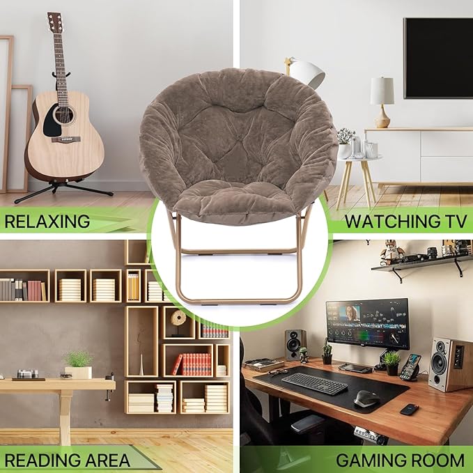 Magshion Folding Saucer Chair for Adults with Ottoman Circle Reading Chair for Bedroom Living Room &amp Dorm Furry Comfy Accent Seat with Metal Leg &amp Thick Padded for Small Spaces (Beige 1 Pa