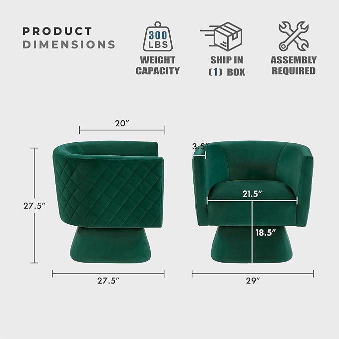 Lexicon 360 Degree Swivel Accent Chair Modern Comfy Velvet Barrel Chair Diamond Stitched Details Plush Foam Cushions Metal Swivel Base for Living Room/Bedroom/Apartment/Office Green